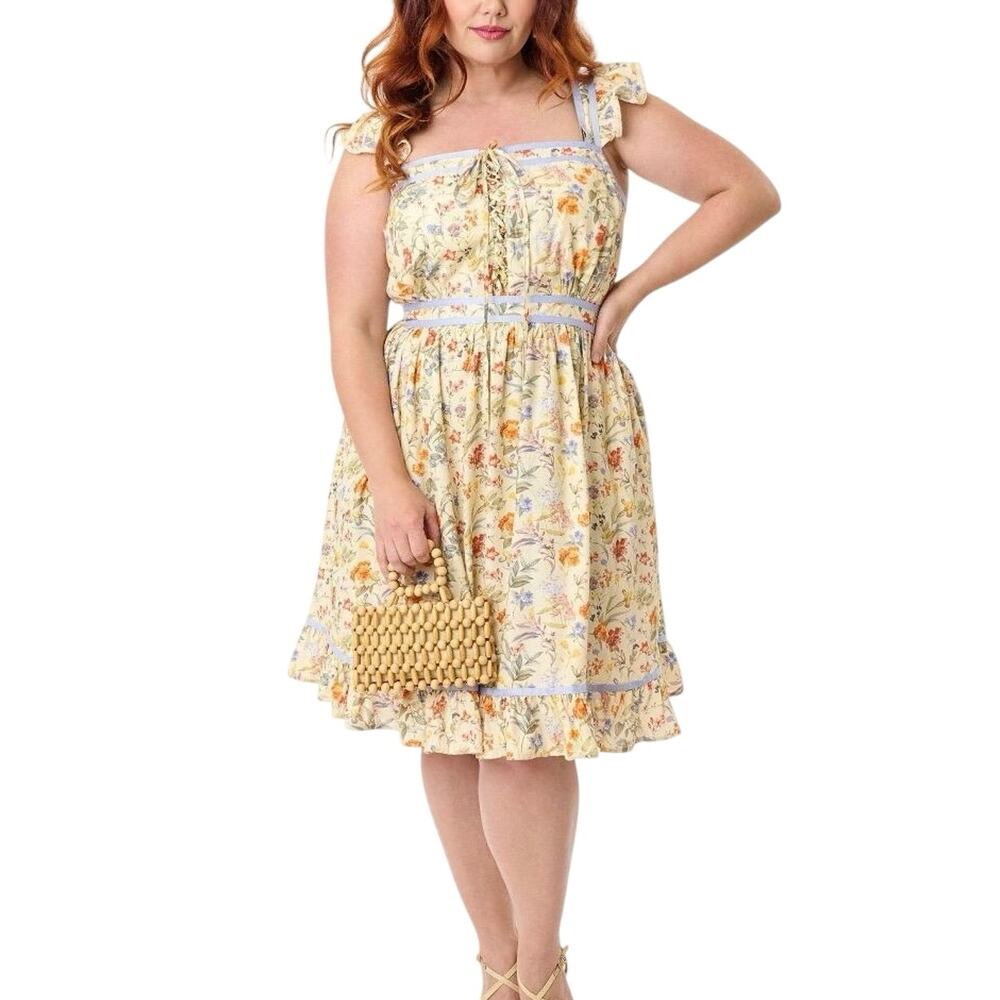 Smak Parlour Corset Fit & Flare Yellow Periwinkle Floral Dress NWT - 2X